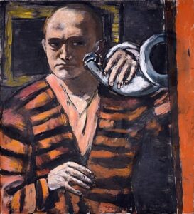 Max Beckmann, Selbstbildnis mit Horn (Autoportrait au cor), huile sur toile, 1938